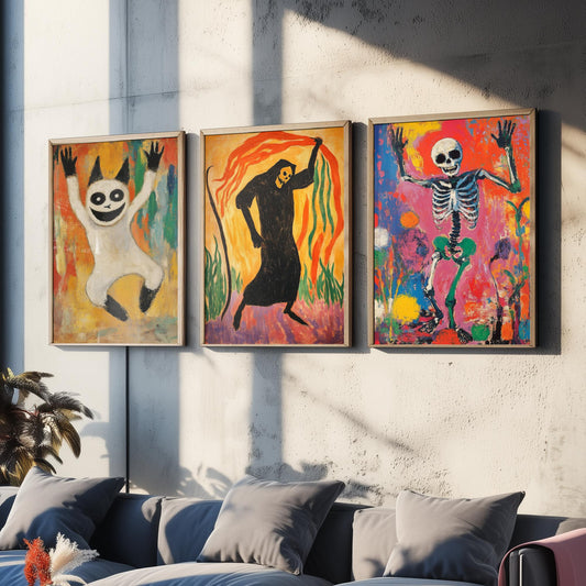 Halloween Set of Three Art Prints - 3 Dancing Ghost Reaper Skeleton Posters - Expressionist Painting Wall Art Gift Spooky Decor
