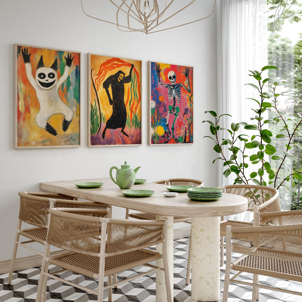 Halloween Set of Three Art Prints - 3 Dancing Ghost Reaper Skeleton Posters - Expressionist Painting Wall Art Gift Spooky Decor