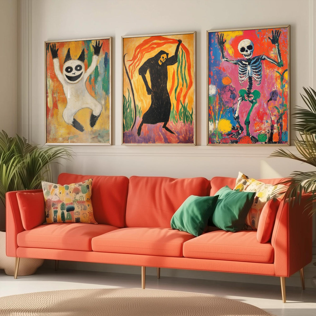 Halloween Set of Three Art Prints - 3 Dancing Ghost Reaper Skeleton Posters - Expressionist Painting Wall Art Gift Spooky Decor