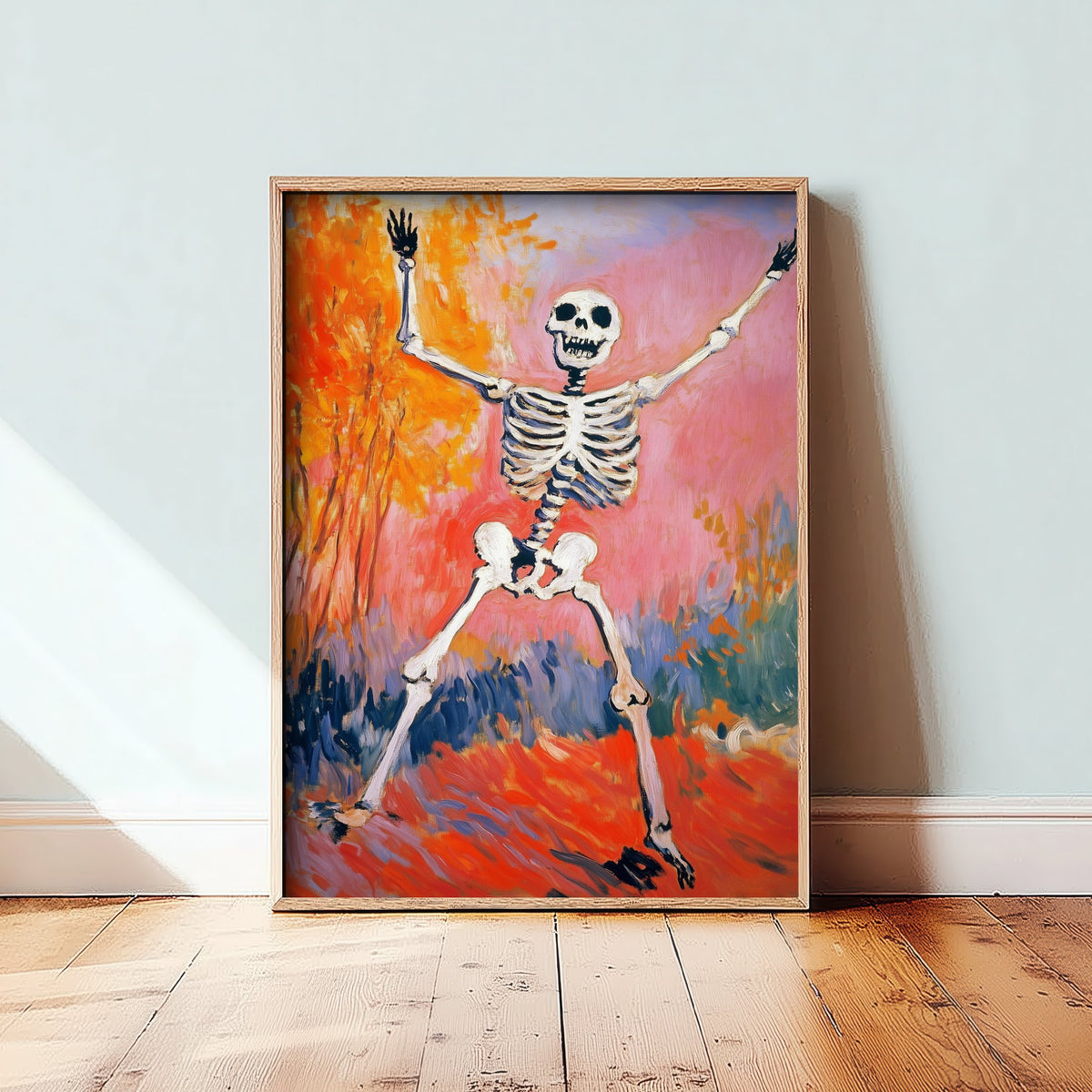Joyful Dancing Skeleton Art Print - Autumn Tree Halloween Poster - Fauvist Oil-Style Painting 1/3