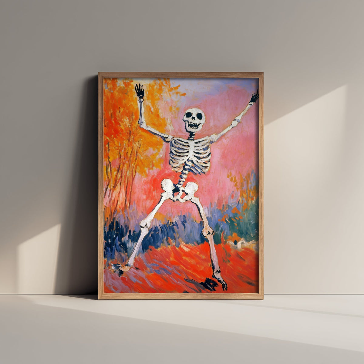 Joyful Dancing Skeleton Art Print - Autumn Tree Halloween Poster - Fauvist Oil-Style Painting 1/3