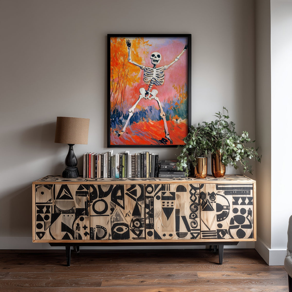Joyful Dancing Skeleton Art Print - Autumn Tree Halloween Poster - Fauvist Oil-Style Painting 1/3