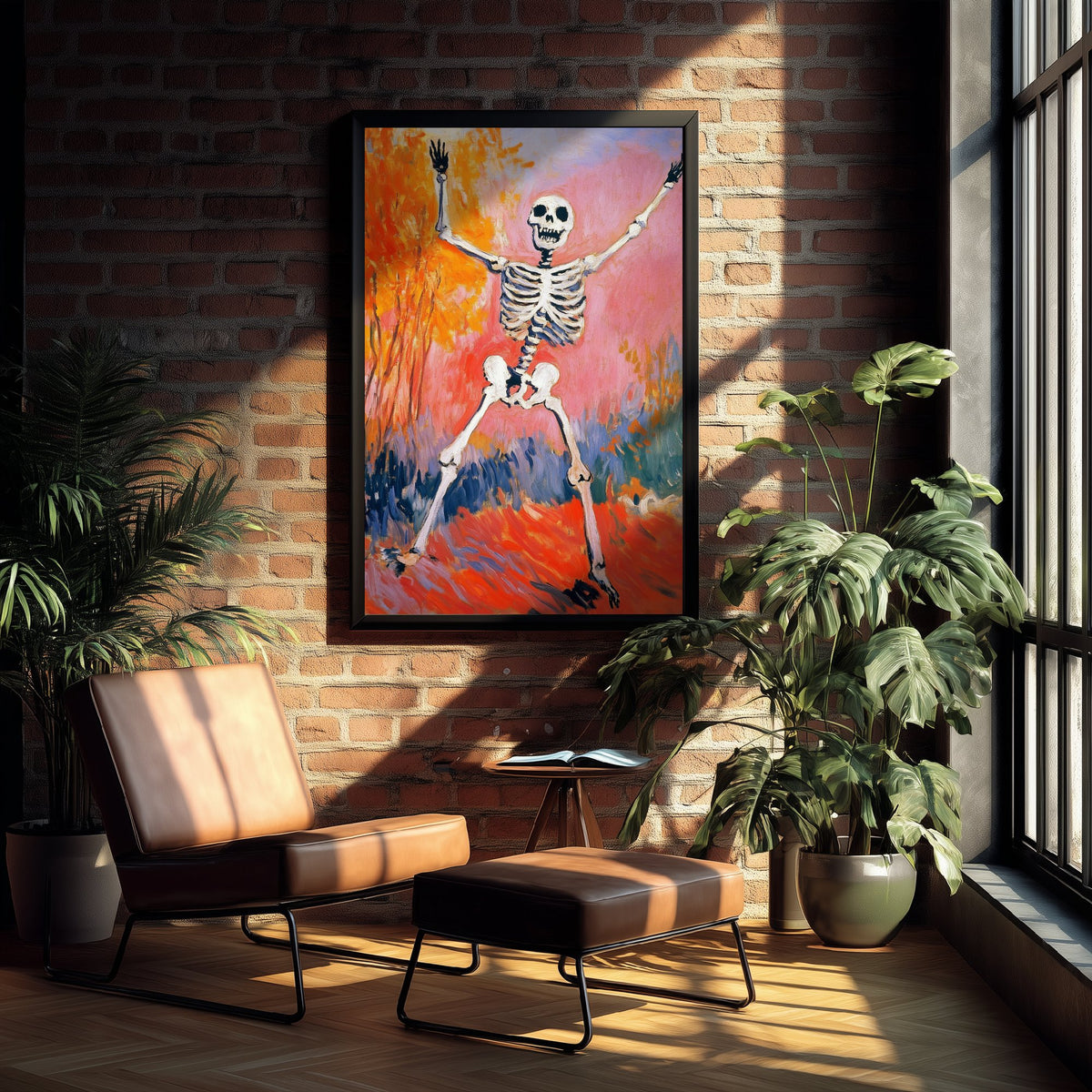 Joyful Dancing Skeleton Art Print - Autumn Tree Halloween Poster - Fauvist Oil-Style Painting 1/3