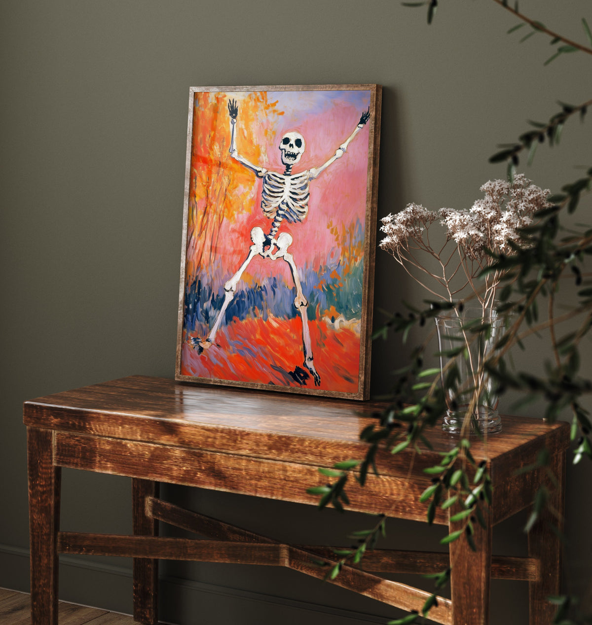 Joyful Dancing Skeleton Art Print - Autumn Tree Halloween Poster - Fauvist Oil-Style Painting 1/3