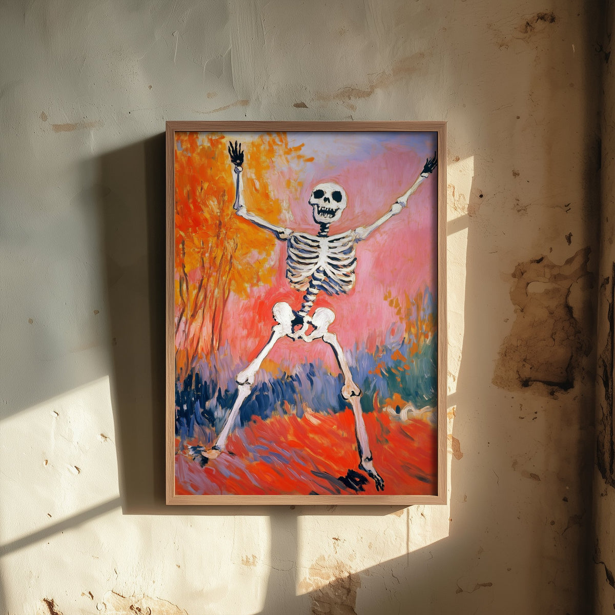 Joyful Dancing Skeleton Art Print - Autumn Tree Halloween Poster - Fauvist Oil-Style Painting 1/3
