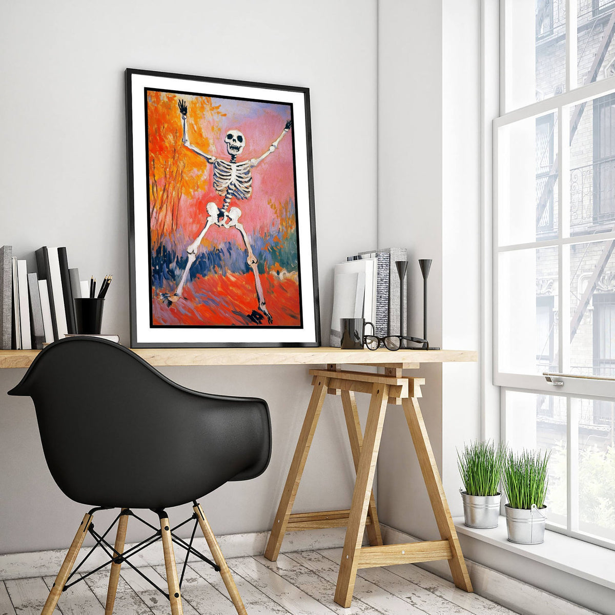 Joyful Dancing Skeleton Art Print - Autumn Tree Halloween Poster - Fauvist Oil-Style Painting 1/3
