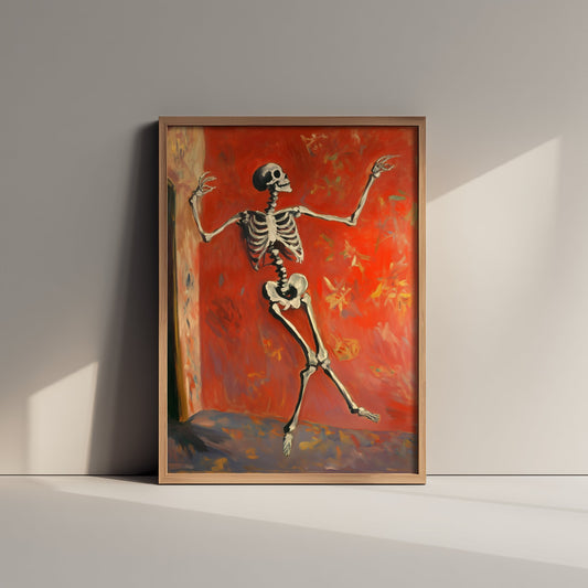 Dancing Skeleton Against a Red Wall Art Print - Bold Halloween Poster - Expressive Brushwork Painting 2/3