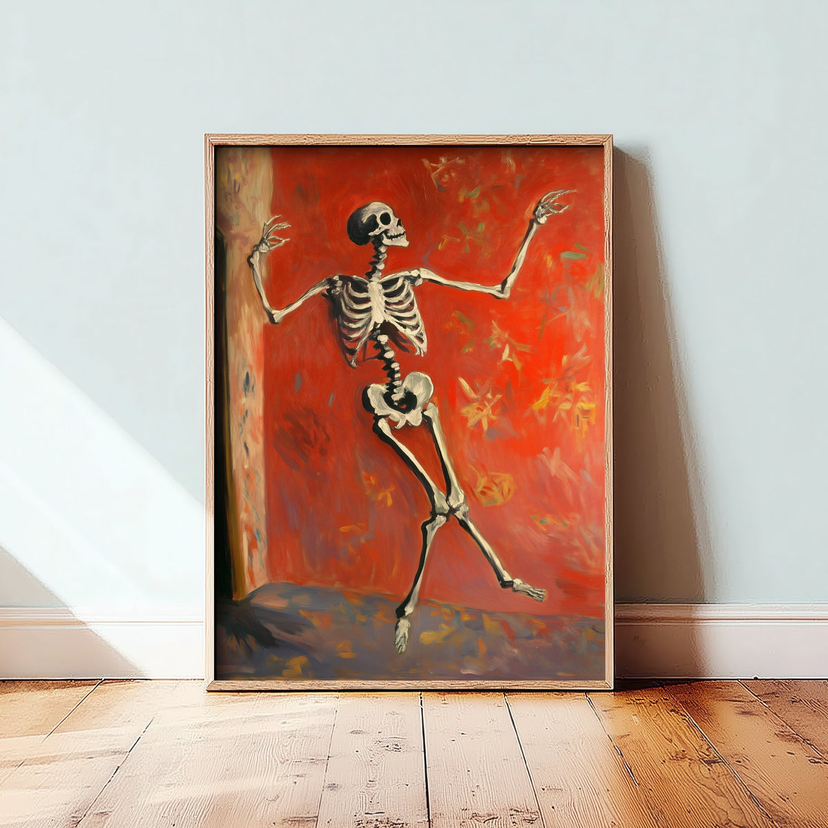Dancing Skeleton Against a Red Wall Art Print - Bold Halloween Poster - Expressive Brushwork Painting 2/3