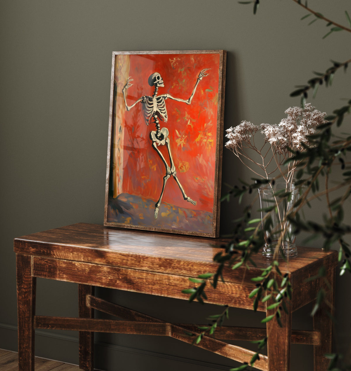 Dancing Skeleton Against a Red Wall Art Print - Bold Halloween Poster - Expressive Brushwork Painting 2/3