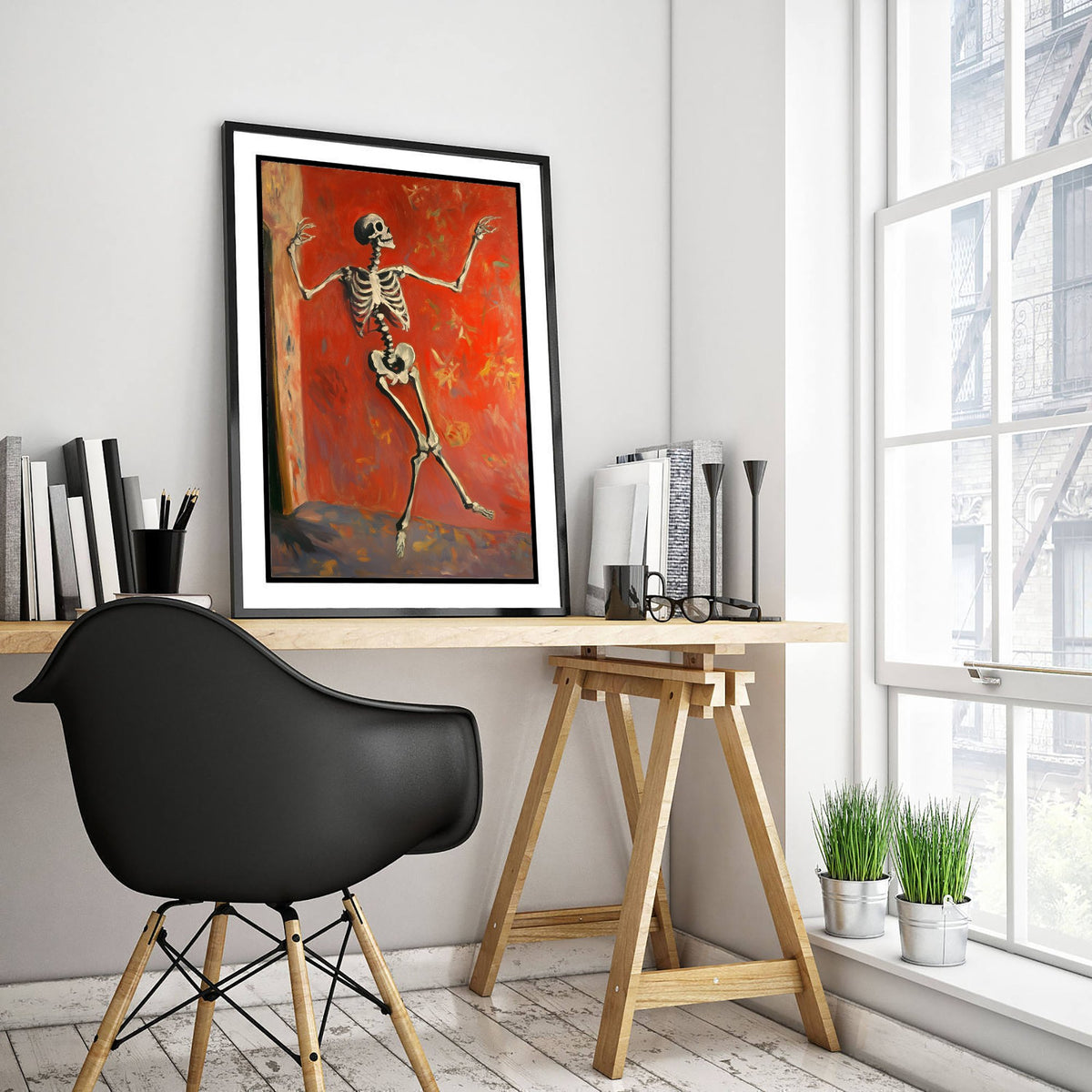 Dancing Skeleton Against a Red Wall Art Print - Bold Halloween Poster - Expressive Brushwork Painting 2/3