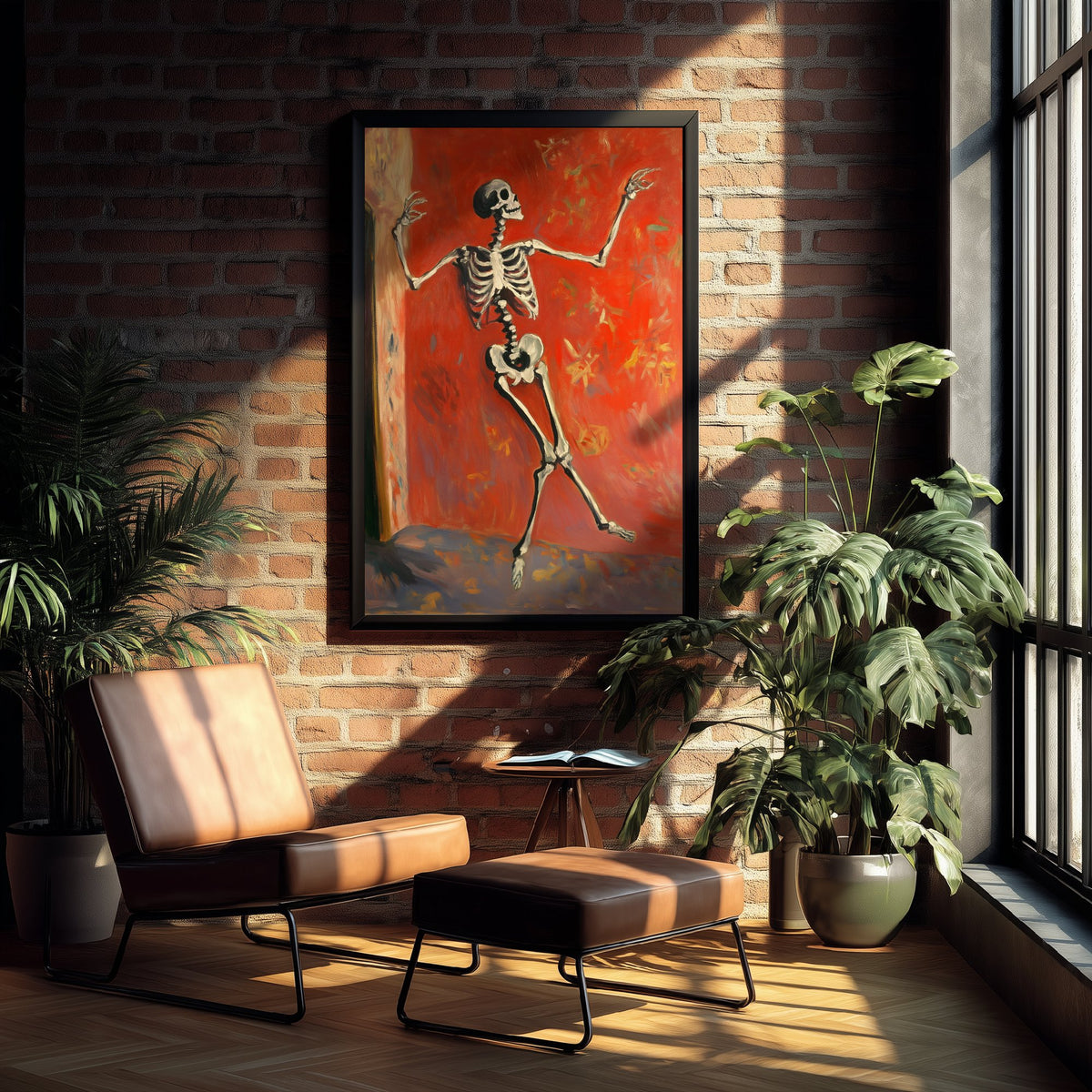 Dancing Skeleton Against a Red Wall Art Print - Bold Halloween Poster - Expressive Brushwork Painting 2/3