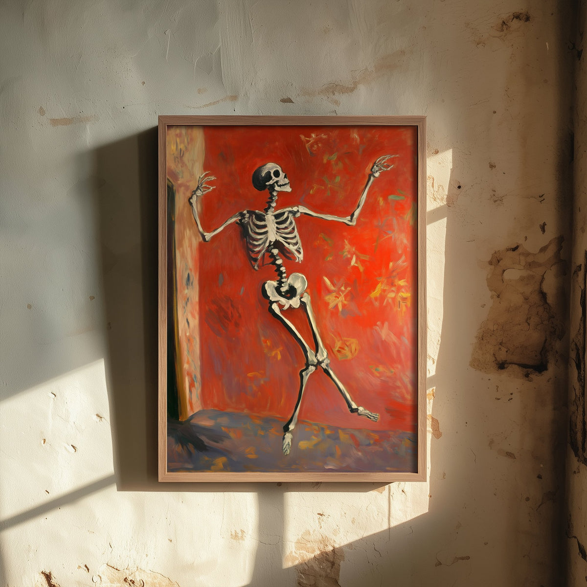 Dancing Skeleton Against a Red Wall Art Print - Bold Halloween Poster - Expressive Brushwork Painting 2/3