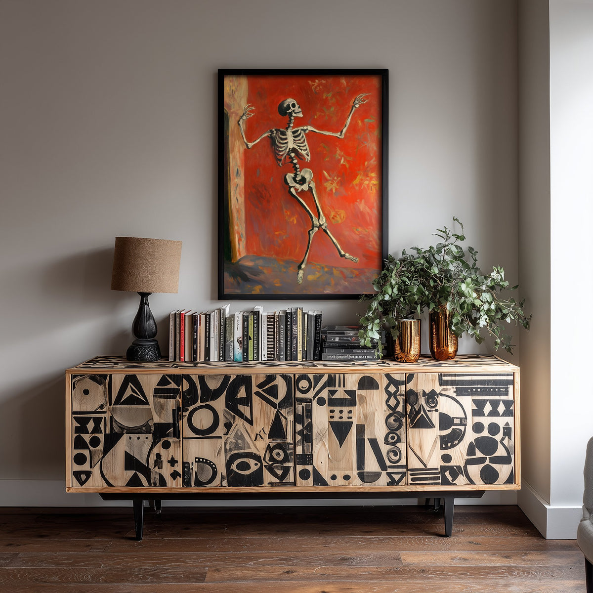 Dancing Skeleton Against a Red Wall Art Print - Bold Halloween Poster - Expressive Brushwork Painting 2/3