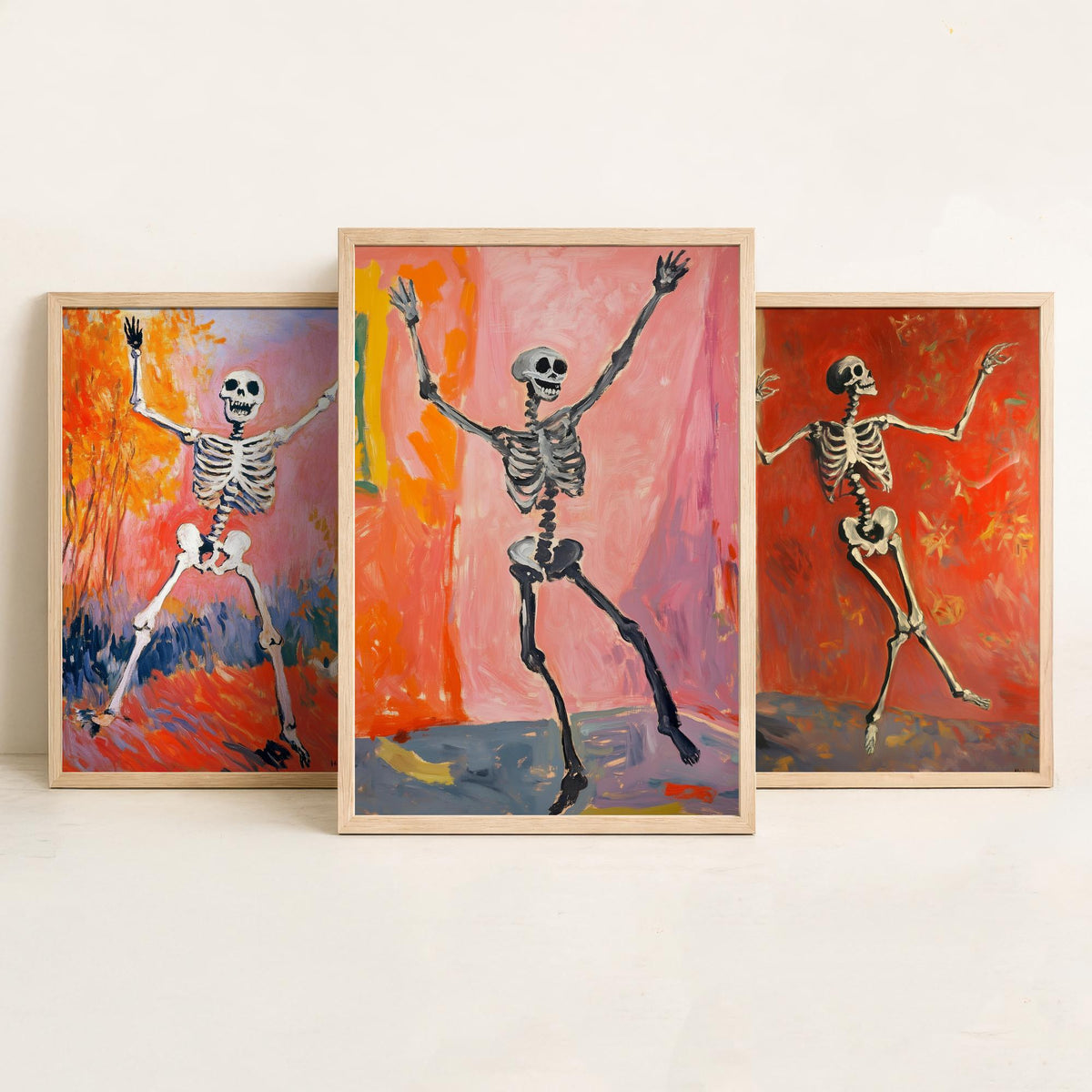 Halloween Set of Three Art Prints - 3 Dancing Skeleton Posters - Fauvist Oil Painting Wall Art Gift Spooky Colourful Autumn Decor