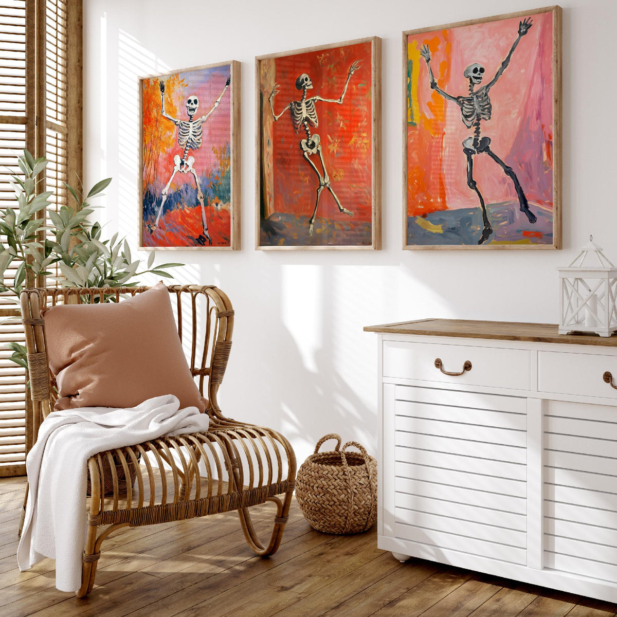 Halloween Set of Three Art Prints - 3 Dancing Skeleton Posters - Fauvist Oil Painting Wall Art Gift Spooky Colourful Autumn Decor