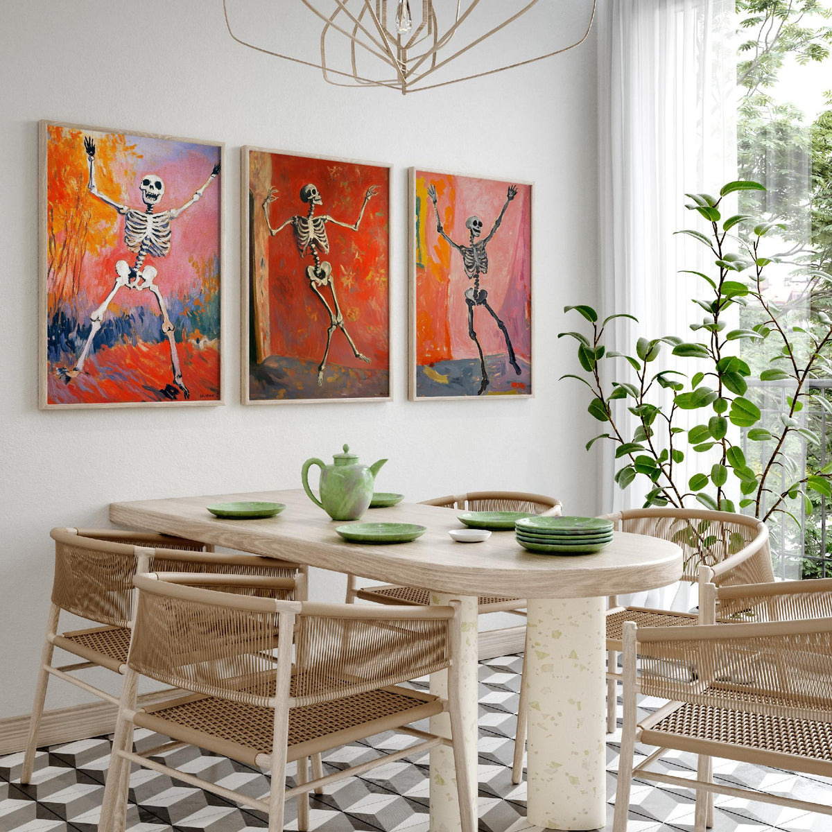 Halloween Set of Three Art Prints - 3 Dancing Skeleton Posters - Fauvist Oil Painting Wall Art Gift Spooky Colourful Autumn Decor