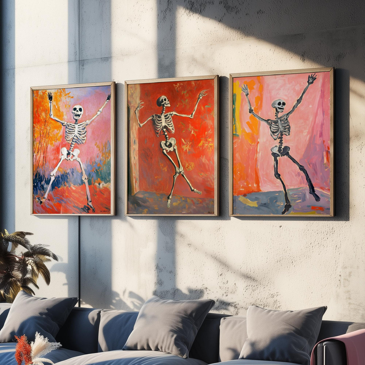 Halloween Set of Three Art Prints - 3 Dancing Skeleton Posters - Fauvist Oil Painting Wall Art Gift Spooky Colourful Autumn Decor