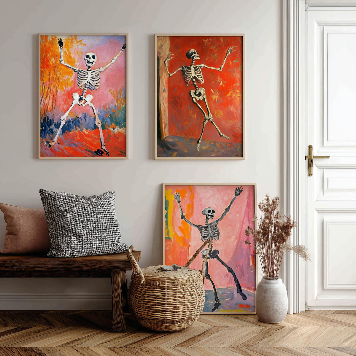 Halloween Set of Three Art Prints - 3 Dancing Skeleton Posters - Fauvist Oil Painting Wall Art Gift Spooky Colourful Autumn Decor