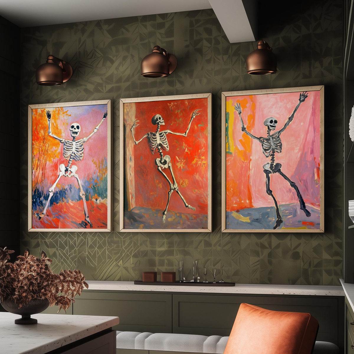 Halloween Set of Three Art Prints - 3 Dancing Skeleton Posters - Fauvist Oil Painting Wall Art Gift Spooky Colourful Autumn Decor