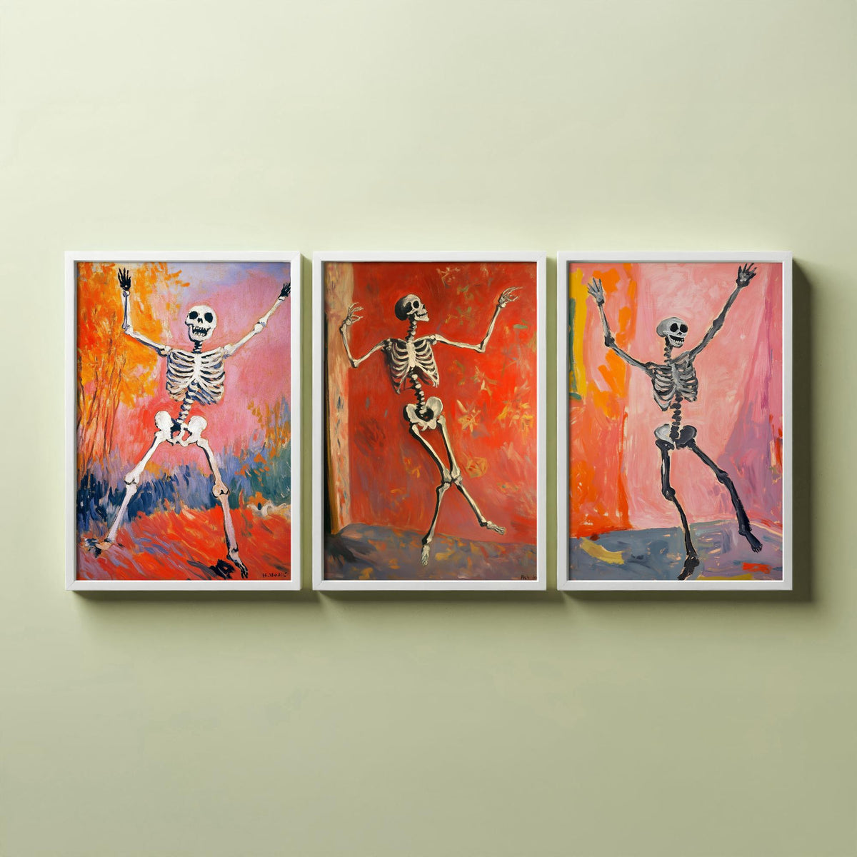 Halloween Set of Three Art Prints - 3 Dancing Skeleton Posters - Fauvist Oil Painting Wall Art Gift Spooky Colourful Autumn Decor