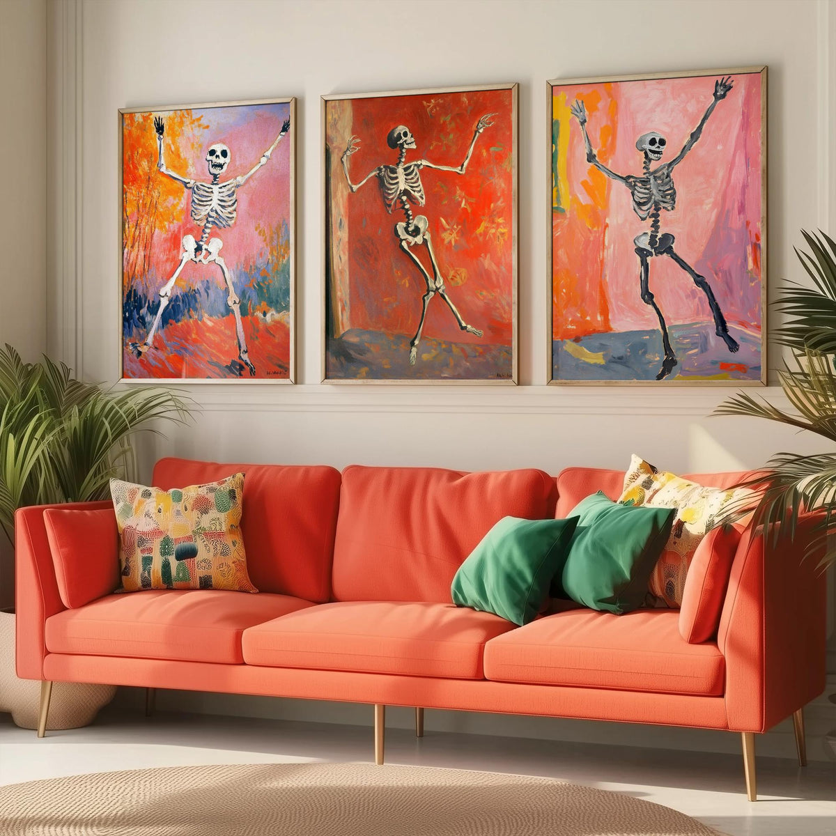 Halloween Set of Three Art Prints - 3 Dancing Skeleton Posters - Fauvist Oil Painting Wall Art Gift Spooky Colourful Autumn Decor