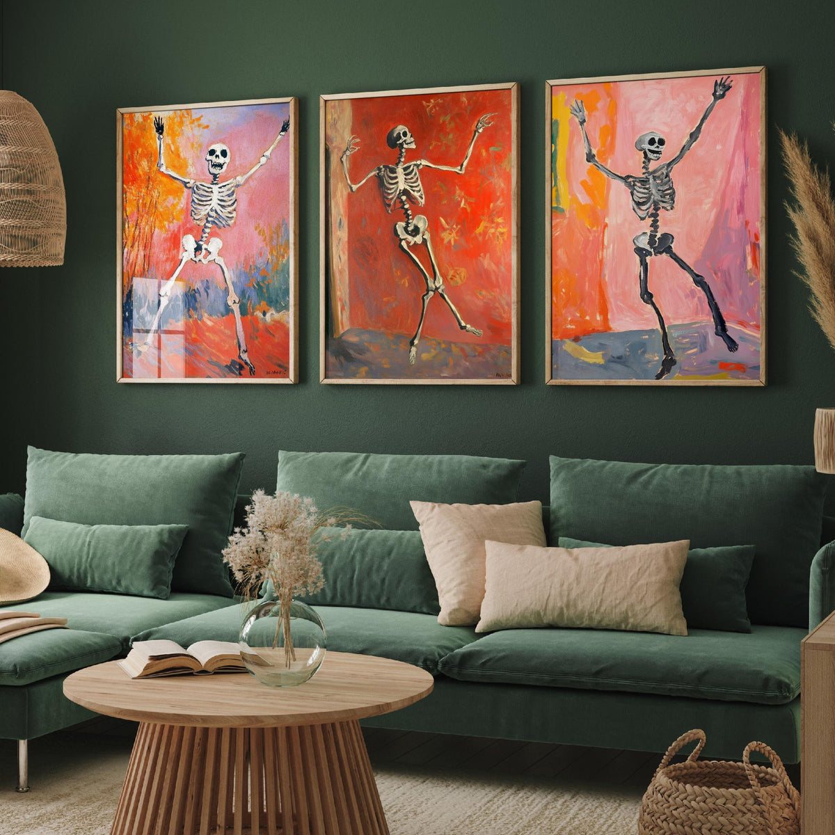 Halloween Set of Three Art Prints - 3 Dancing Skeleton Posters - Fauvist Oil Painting Wall Art Gift Spooky Colourful Autumn Decor