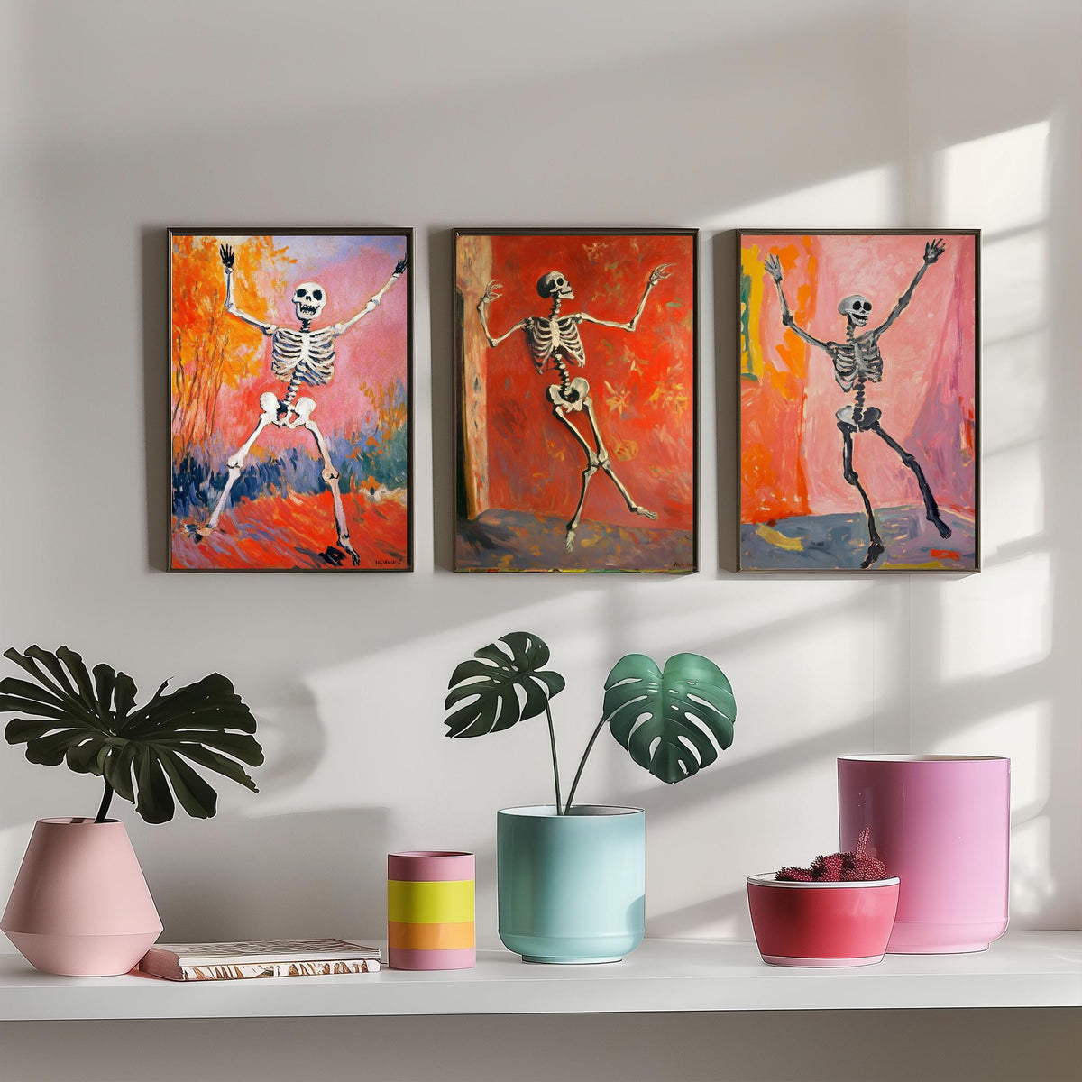 Halloween Set of Three Art Prints - 3 Dancing Skeleton Posters - Fauvist Oil Painting Wall Art Gift Spooky Colourful Autumn Decor