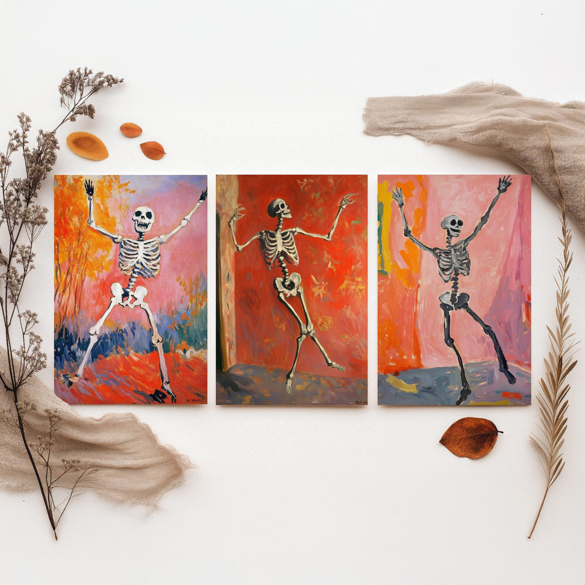 Halloween Set of Three Art Prints - 3 Dancing Skeleton Posters - Fauvist Oil Painting Wall Art Gift Spooky Colourful Autumn Decor