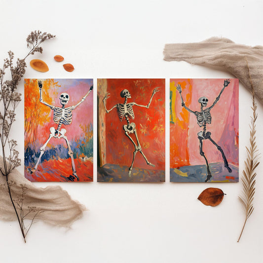 Halloween Set of Three Art Prints - 3 Dancing Skeleton Posters - Fauvist Oil Painting Wall Art Gift Spooky Colourful Autumn Decor