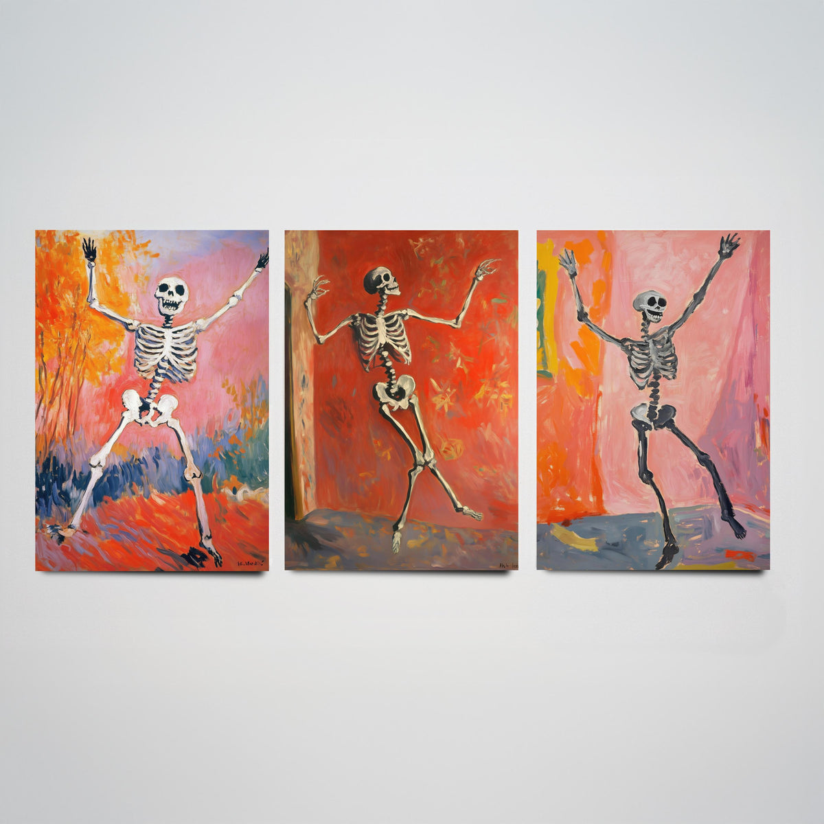 Halloween Set of Three Art Prints - 3 Dancing Skeleton Posters - Fauvist Oil Painting Wall Art Gift Spooky Colourful Autumn Decor