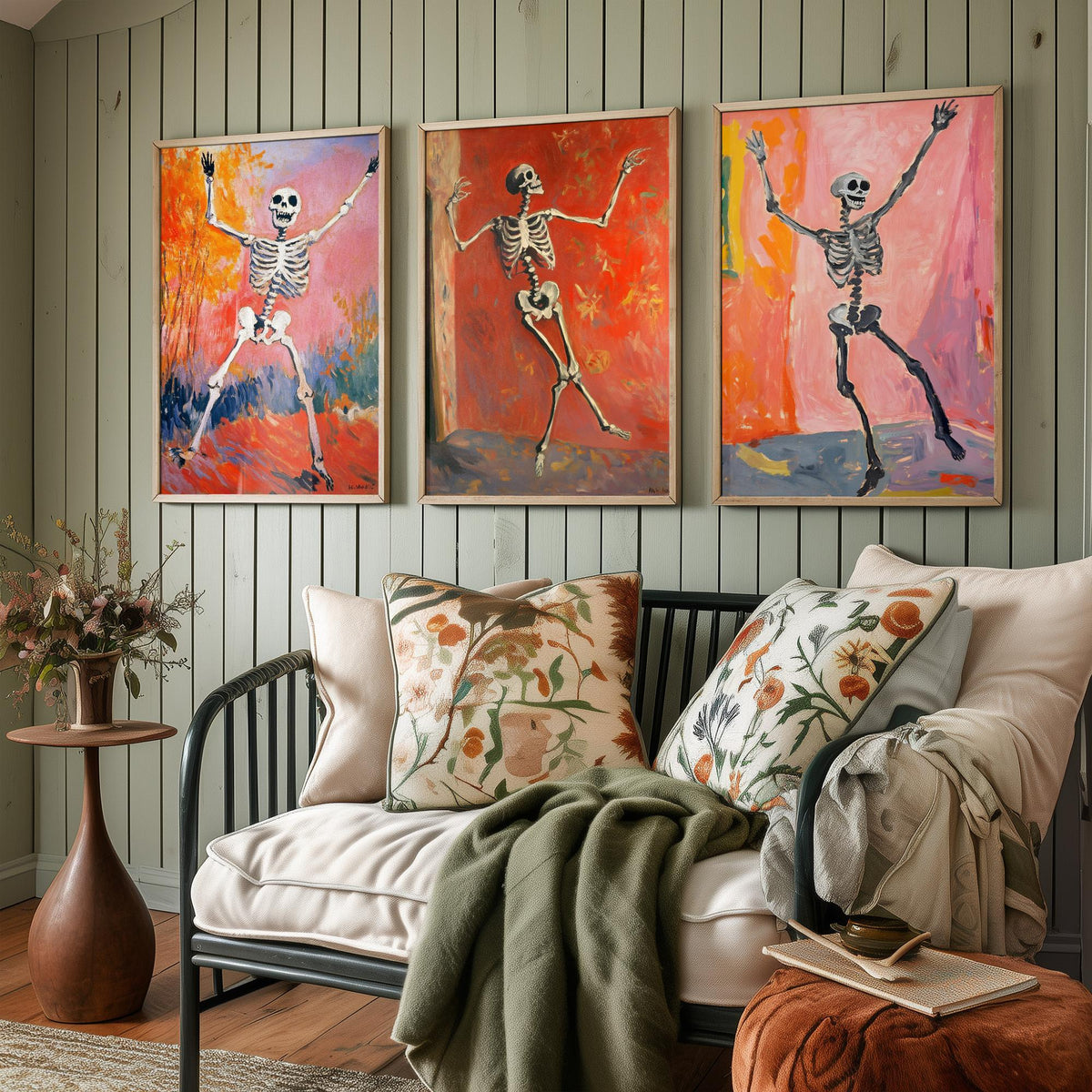Halloween Set of Three Art Prints - 3 Dancing Skeleton Posters - Fauvist Oil Painting Wall Art Gift Spooky Colourful Autumn Decor