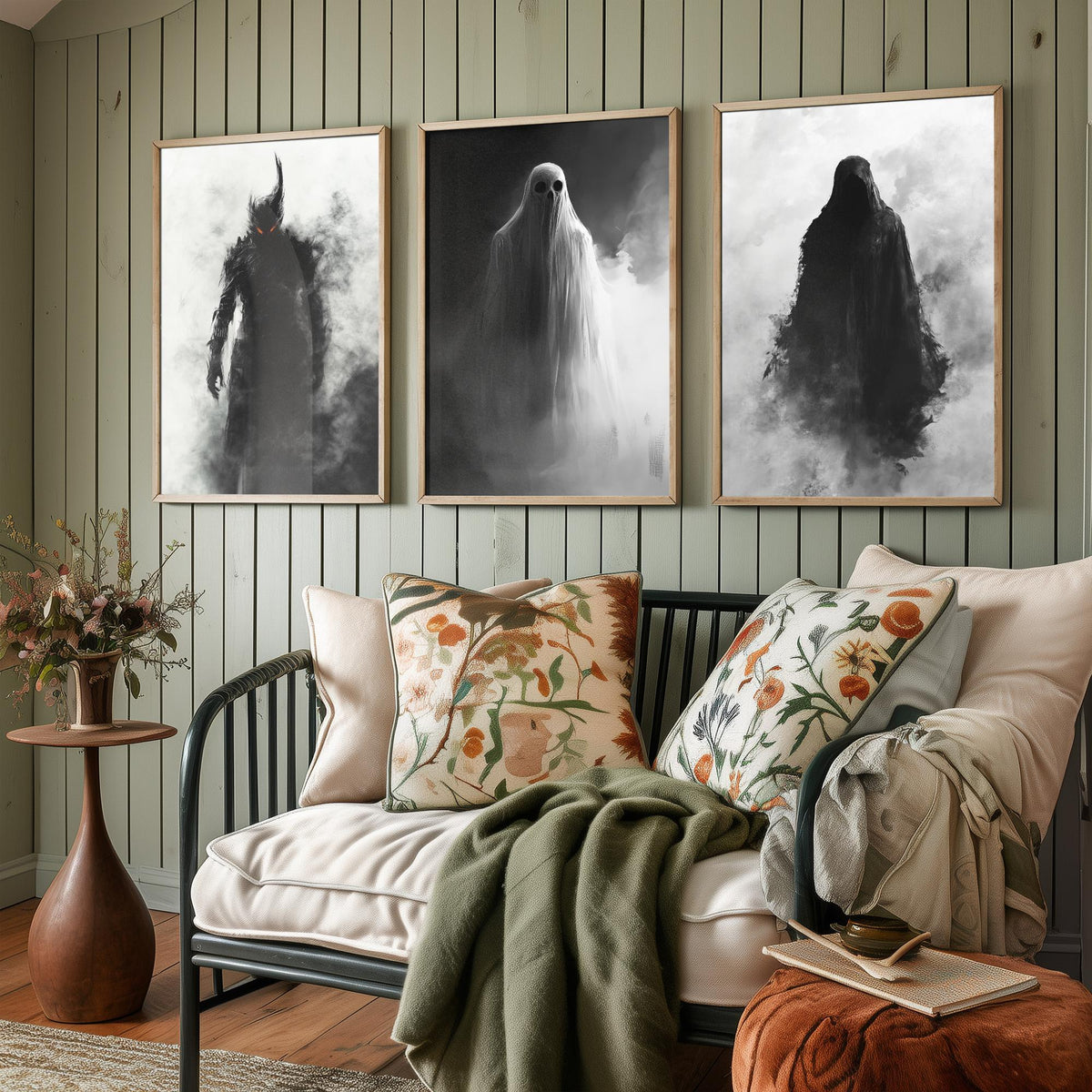 Halloween Set of Three Art Prints - 3 Demon Ghost Wraith Posters - Dark Horror Fog Wall Art Gift Gothic Spooky Creepy Digital Art