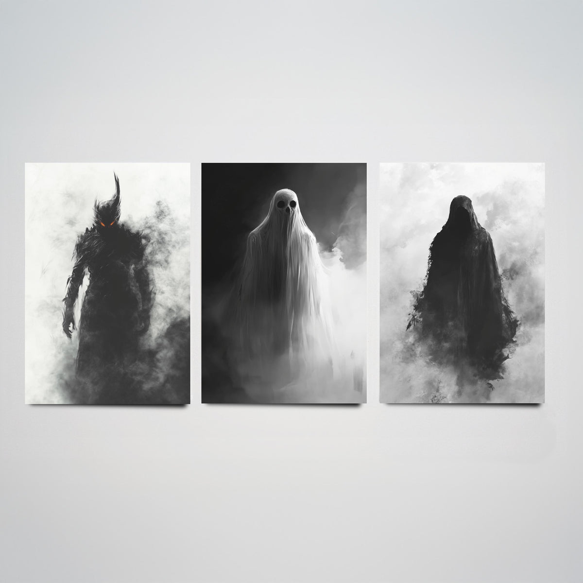 Halloween Set of Three Art Prints - 3 Demon Ghost Wraith Posters - Dark Horror Fog Wall Art Gift Gothic Spooky Creepy Digital Art