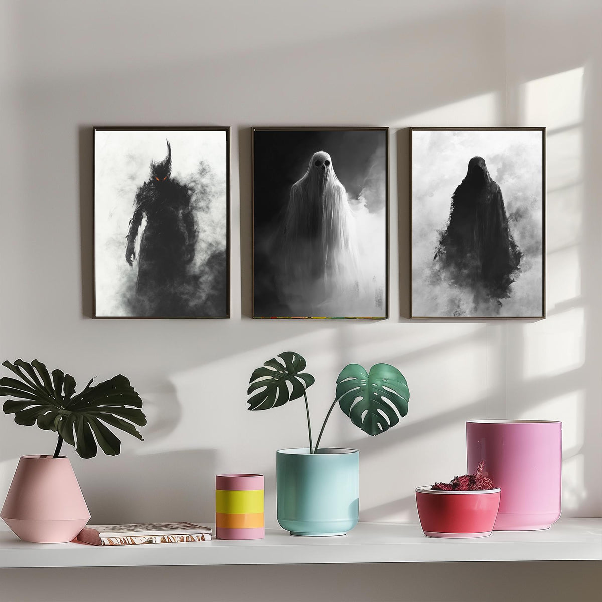 Halloween Set of Three Art Prints - 3 Demon Ghost Wraith Posters - Dark Horror Fog Wall Art Gift Gothic Spooky Creepy Digital Art