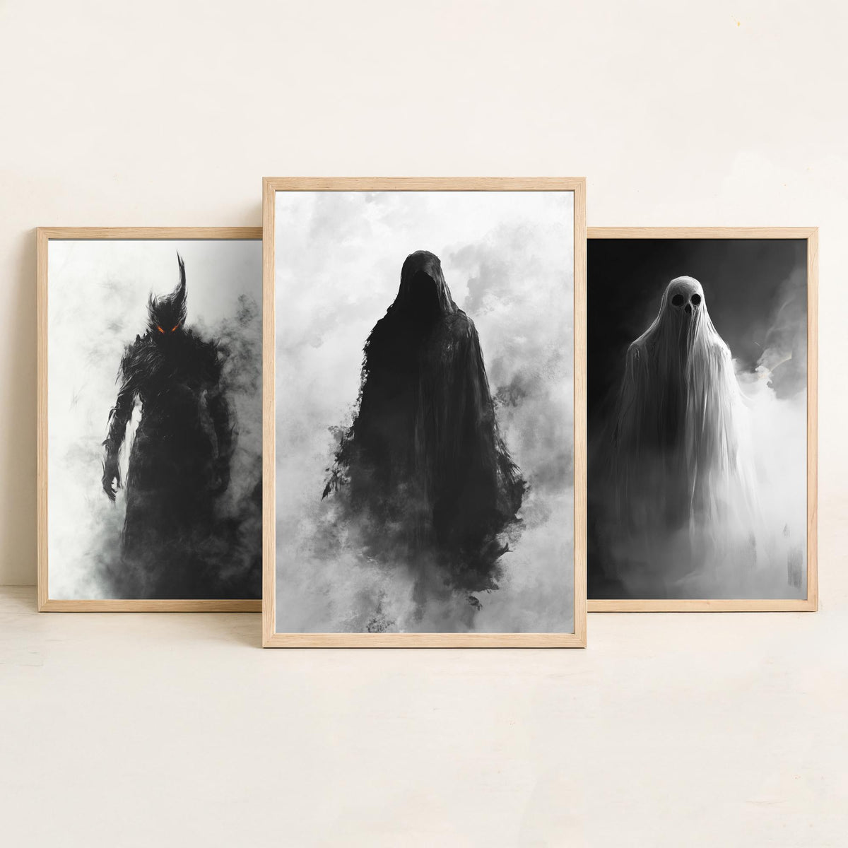 Halloween Set of Three Art Prints - 3 Demon Ghost Wraith Posters - Dark Horror Fog Wall Art Gift Gothic Spooky Creepy Digital Art