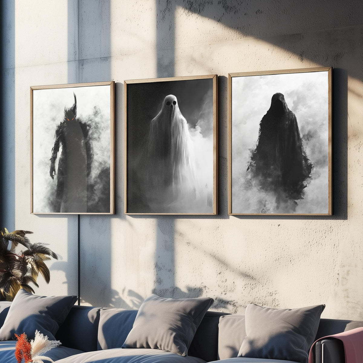 Halloween Set of Three Art Prints - 3 Demon Ghost Wraith Posters - Dark Horror Fog Wall Art Gift Gothic Spooky Creepy Digital Art
