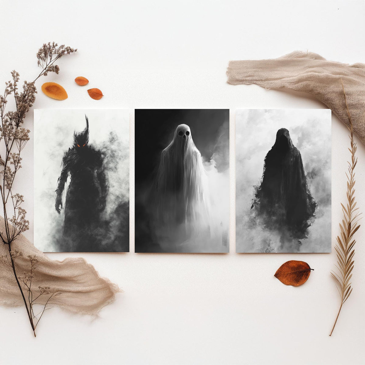 Halloween Set of Three Art Prints - 3 Demon Ghost Wraith Posters - Dark Horror Fog Wall Art Gift Gothic Spooky Creepy Digital Art