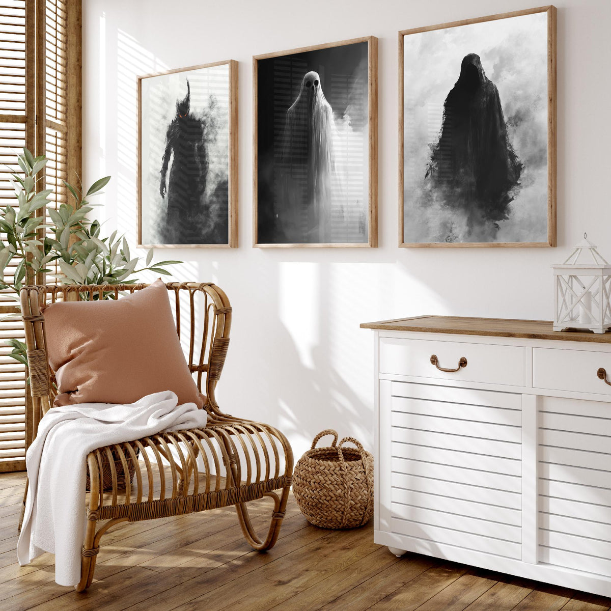 Halloween Set of Three Art Prints - 3 Demon Ghost Wraith Posters - Dark Horror Fog Wall Art Gift Gothic Spooky Creepy Digital Art