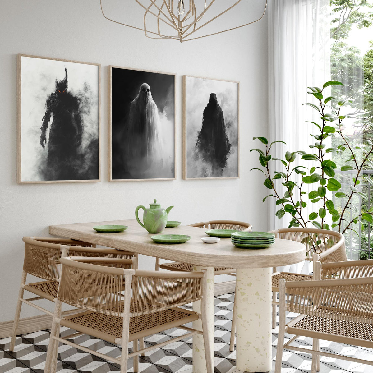 Halloween Set of Three Art Prints - 3 Demon Ghost Wraith Posters - Dark Horror Fog Wall Art Gift Gothic Spooky Creepy Digital Art