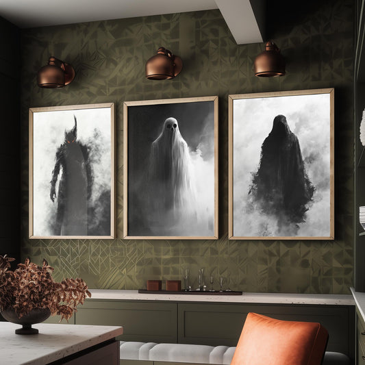 Halloween Set of Three Art Prints - 3 Demon Ghost Wraith Posters - Dark Horror Fog Wall Art Gift Gothic Spooky Creepy Digital Art