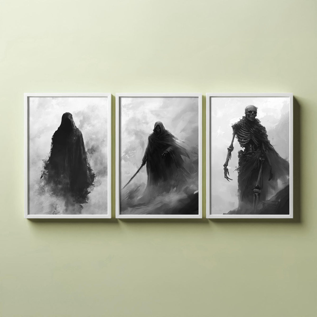 Halloween Set of Three Art Prints - 3 Hooded Reaper Skeleton Posters - Dark Fantasy Fog Wall Art Gift Gothic Spooky Digital Art