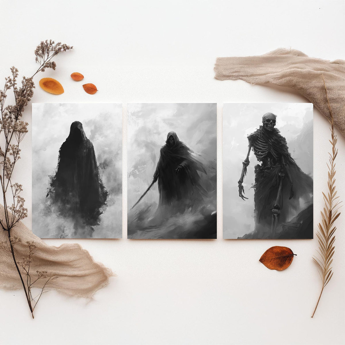 Halloween Set of Three Art Prints - 3 Hooded Reaper Skeleton Posters - Dark Fantasy Fog Wall Art Gift Gothic Spooky Digital Art