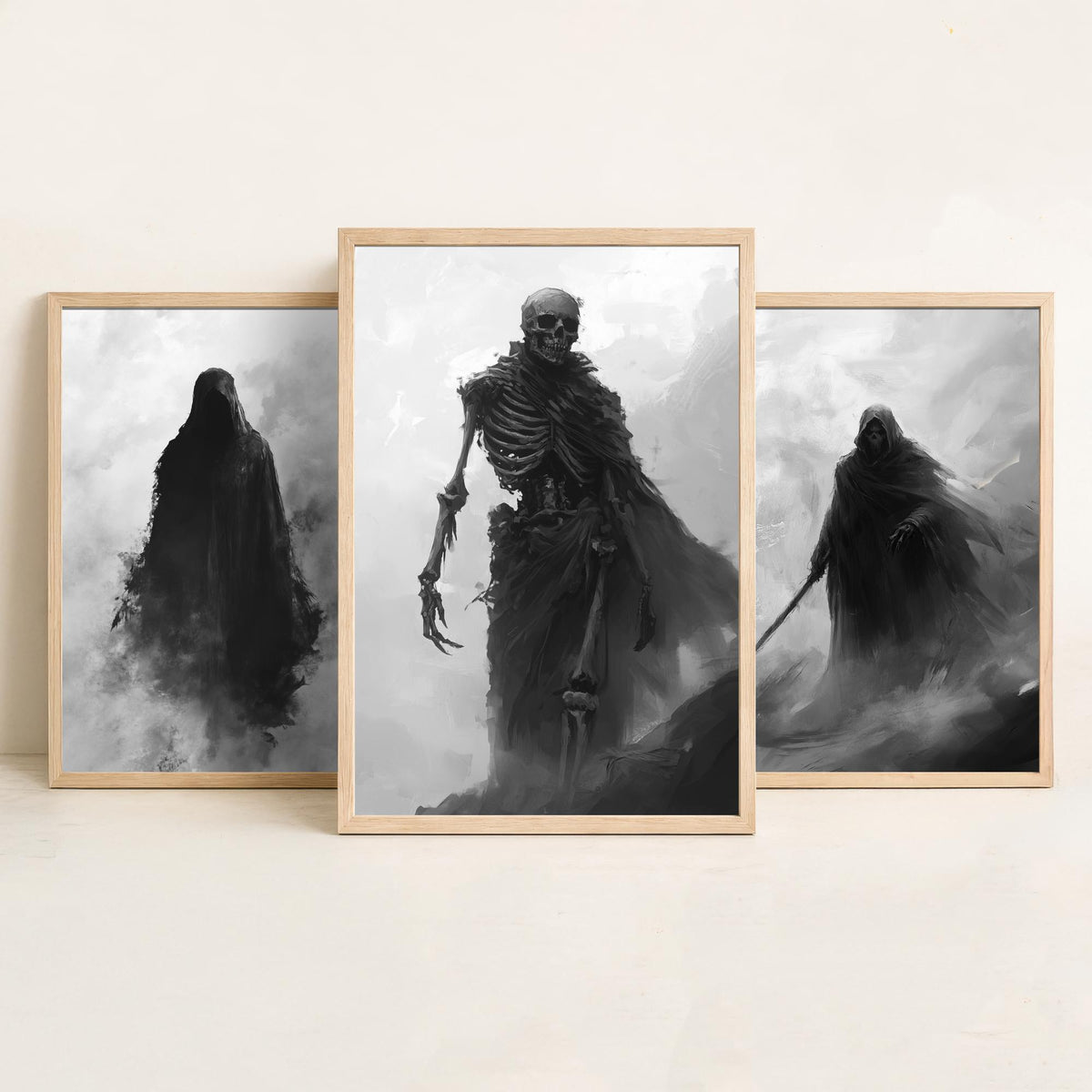 Halloween Set of Three Art Prints - 3 Hooded Reaper Skeleton Posters - Dark Fantasy Fog Wall Art Gift Gothic Spooky Digital Art