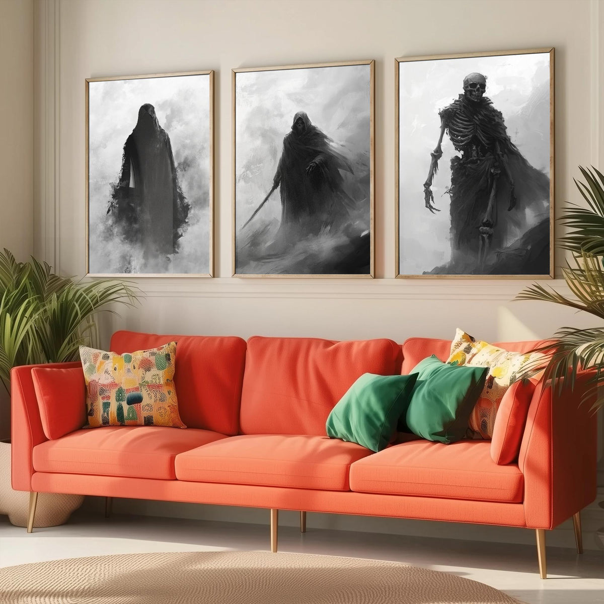 Halloween Set of Three Art Prints - 3 Hooded Reaper Skeleton Posters - Dark Fantasy Fog Wall Art Gift Gothic Spooky Digital Art