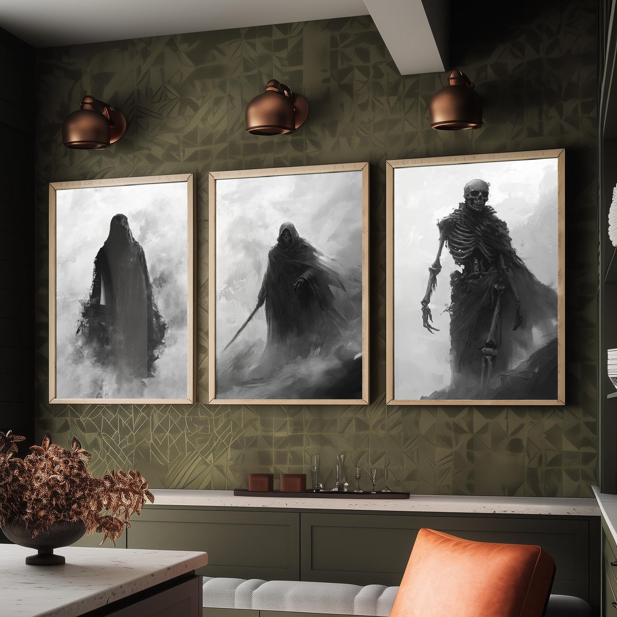 Halloween Set of Three Art Prints - 3 Hooded Reaper Skeleton Posters - Dark Fantasy Fog Wall Art Gift Gothic Spooky Digital Art