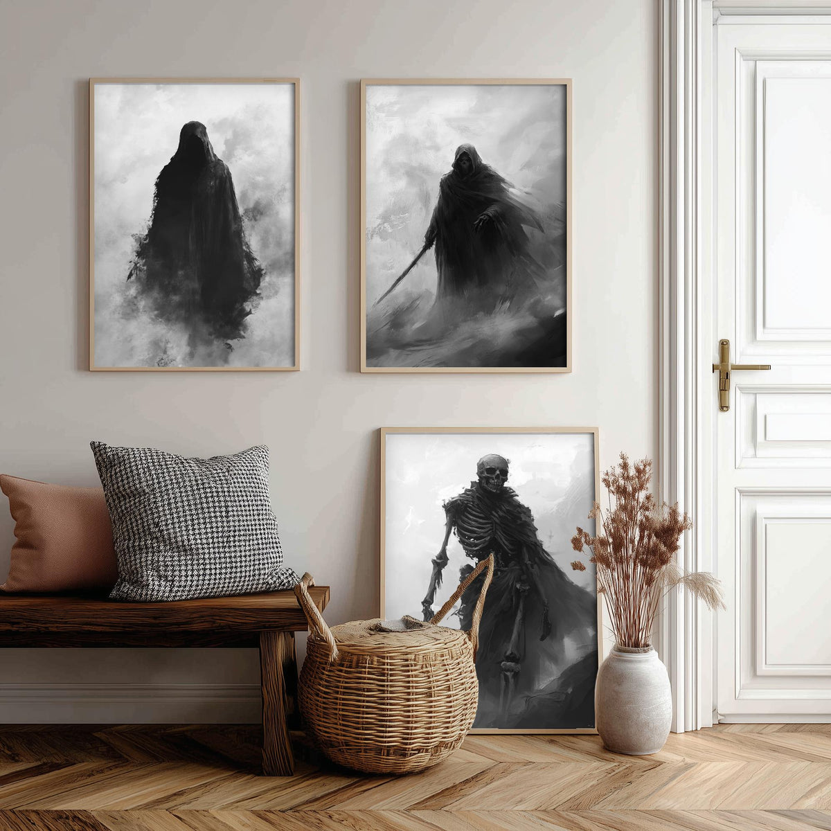 Halloween Set of Three Art Prints - 3 Hooded Reaper Skeleton Posters - Dark Fantasy Fog Wall Art Gift Gothic Spooky Digital Art