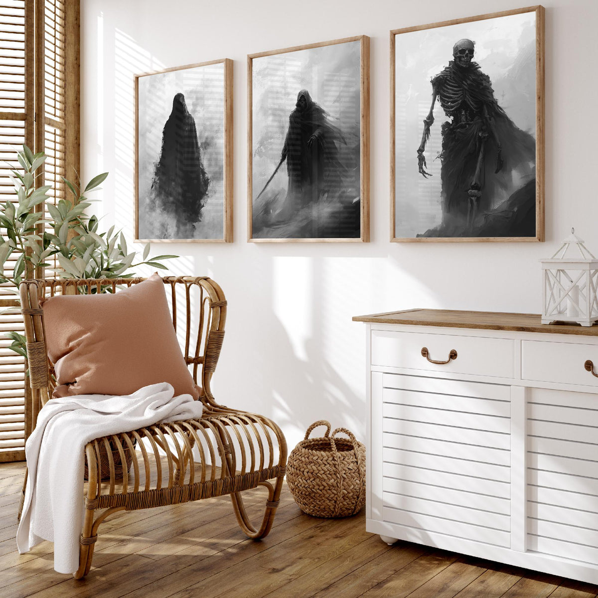 Halloween Set of Three Art Prints - 3 Hooded Reaper Skeleton Posters - Dark Fantasy Fog Wall Art Gift Gothic Spooky Digital Art