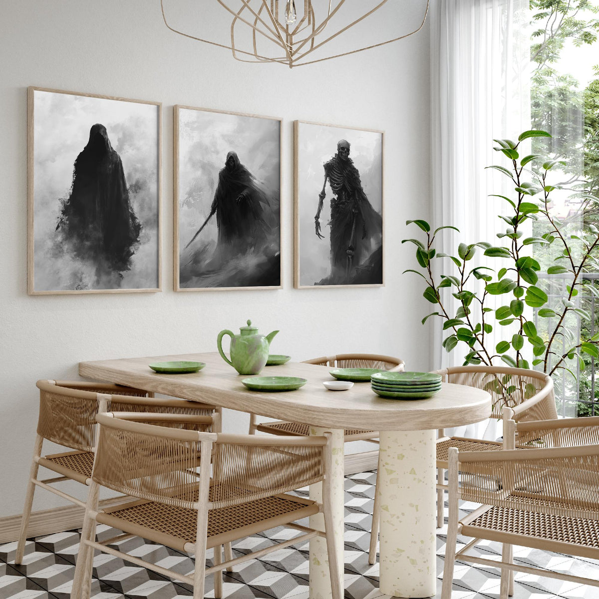 Halloween Set of Three Art Prints - 3 Hooded Reaper Skeleton Posters - Dark Fantasy Fog Wall Art Gift Gothic Spooky Digital Art