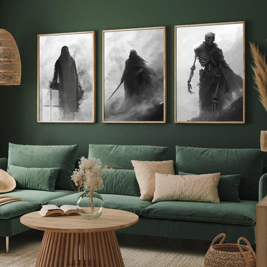 Halloween Set of Three Art Prints - 3 Hooded Reaper Skeleton Posters - Dark Fantasy Fog Wall Art Gift Gothic Spooky Digital Art