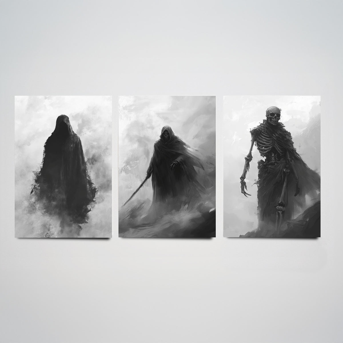 Halloween Set of Three Art Prints - 3 Hooded Reaper Skeleton Posters - Dark Fantasy Fog Wall Art Gift Gothic Spooky Digital Art
